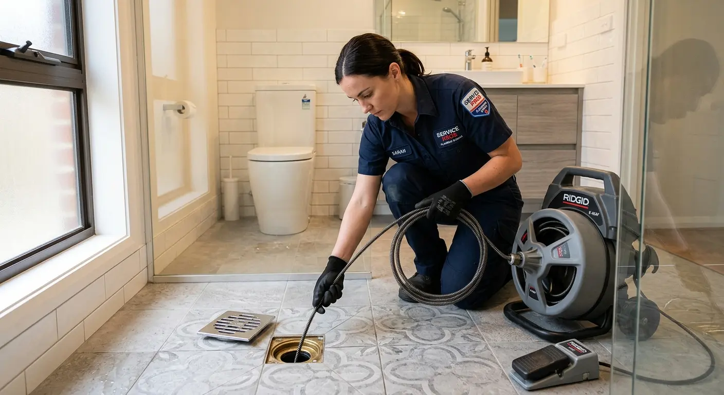 Technician clearing a bathroom floor drain for Drain Cleaning in Delta